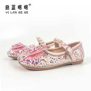 Girls Leather Sequins Spring and Autumn Single Shoes Girls Princess Shoes Square Mouth Small Leather Shoes Fashion Performance Crystal Shoes 2024 New