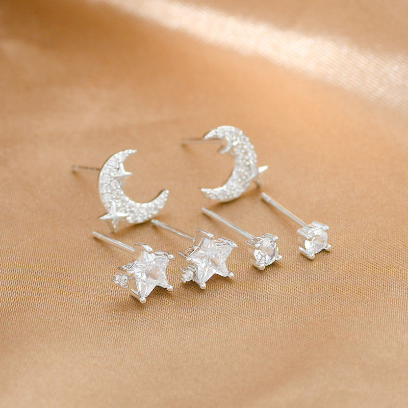 1 Jeu Mode Star Lune Le Cuivre Incruster Zircon Boucles D'oreilles display picture 2