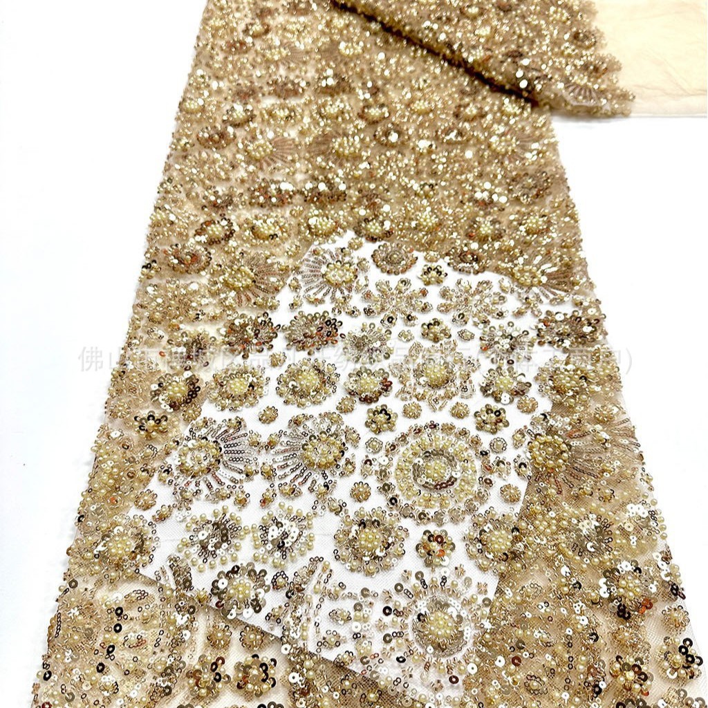 Redondo sol sequin clavado tela de malla de perlas vestido de boda de estilo nacional vestido de tela de banquete en stock