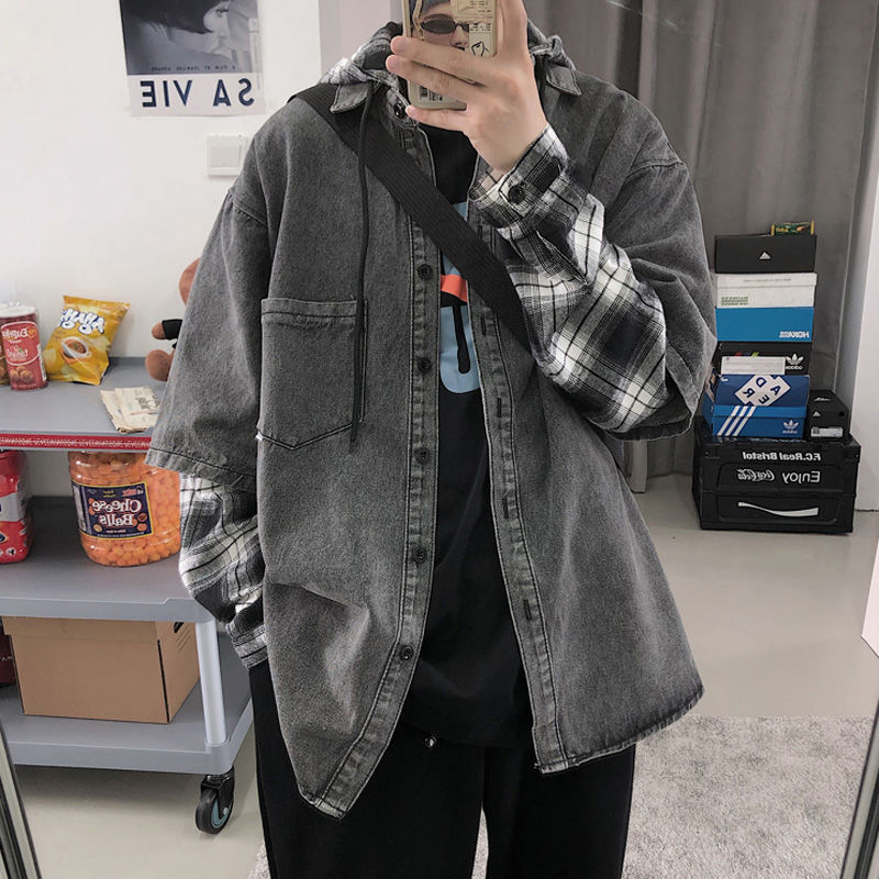 Denim coat men's fashion brand stitching European and American ins Street flow Korean Plaid fake two-piece jacket handsome bt shirt