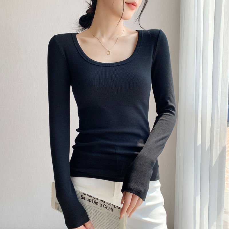 棉料打底衫女内搭2025早秋新款修身U领螺纹长袖短款T恤上衣秋冬季|undefined