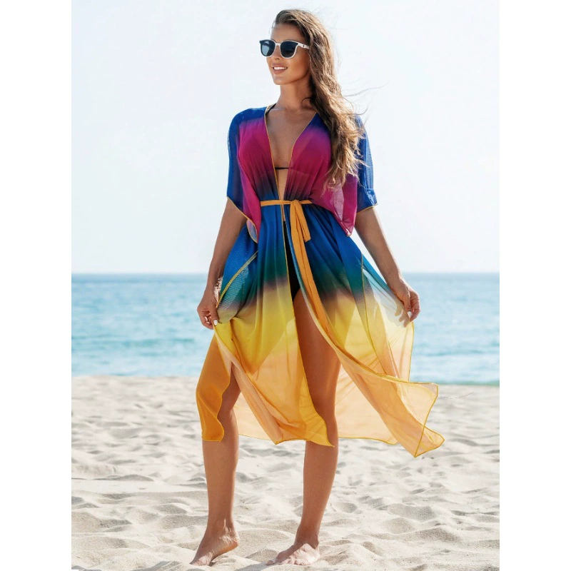 Шифоновый кардиган с радужным градиентом, повседневная пляжная накидка для отдыха, женская рубашка для защиты от солнца, накидка на купальник