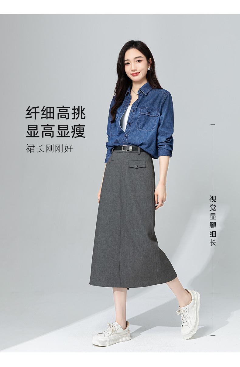 Váy midi len Tencel xám đậm xẻ tà ống suông đa năng — màu xám chi tiết 17