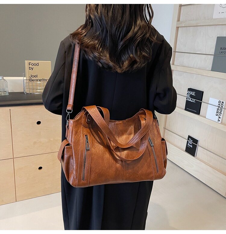Túi tote nữ dung tích lớn đeo chéo đeo vai phong cách retro, chất liệu PU mềm — Màu cà phê, Màu nâu, Màu đen chi tiết 17