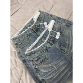 #【非实拍】复古蕾丝边微喇牛仔裤女弹力宽松直筒高腰微喇叭裤