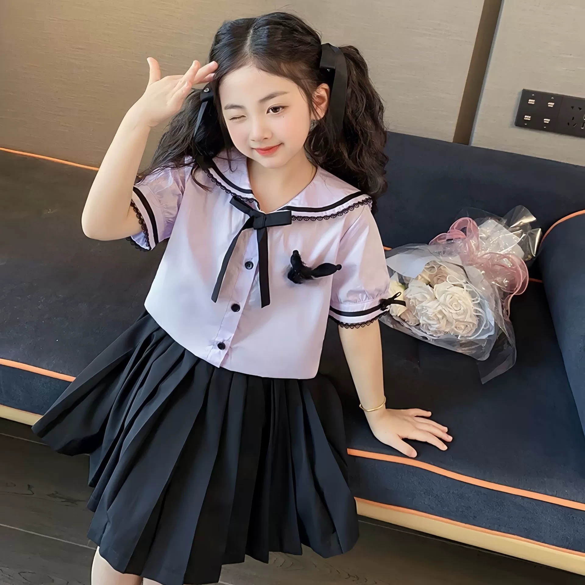 Summer children's set, small princess costume, student pleated skirt, Lolita style, cosplay, with short sleeve