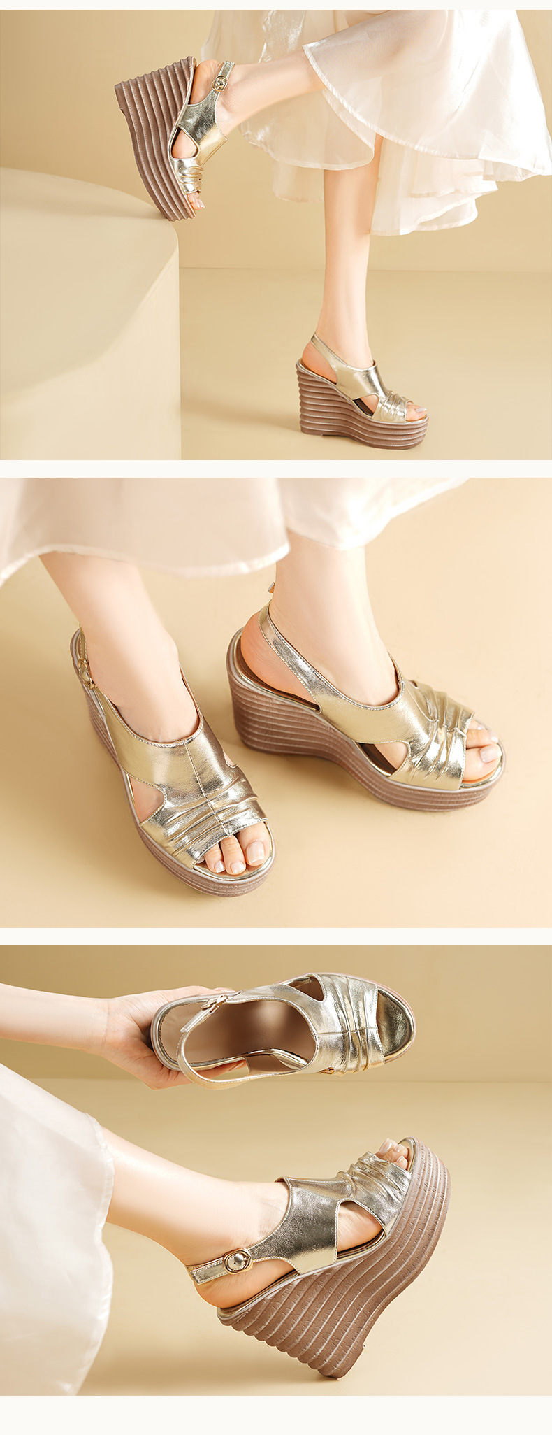 Sandal cao gót nữ hở mũi đế xuồng gót siêu cao 9 cm quai hậu kiểu La Mã — màu vàng, bạc chi tiết 4