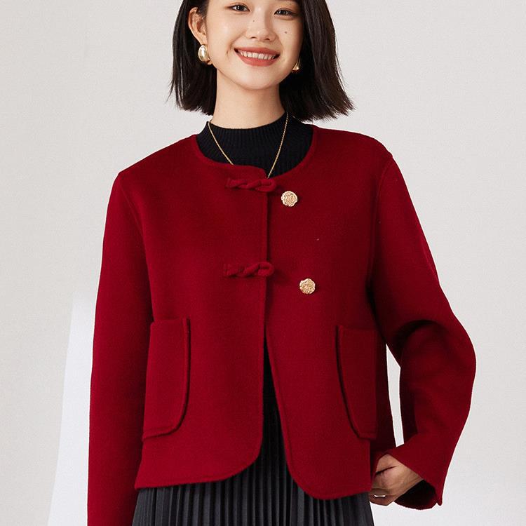 New Arrival Red Double-Sided Wool Short Chanel Style Coat New Chinese Style Autumn and Winter Woolen Coat for Petite Women
