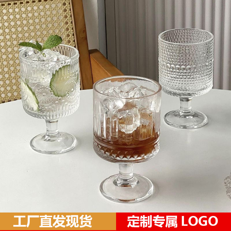 Taza de vidrio de pie alto a rayas verticales vintage taza de helado estilo ins diseño sensación bebida taza de jugo taza de vidrio de café