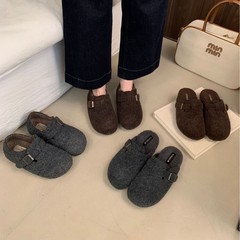 增高厚底勃肯包头半拖鞋女新款法式松糕灰色毛毛拖鞋女外穿穆勒鞋
