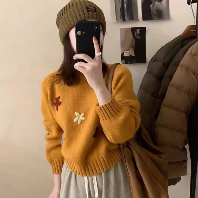 2025秋装新款女装花朵减龄外搭毛衣女韩系圆领秋装慵懒风针织上衣|undefined