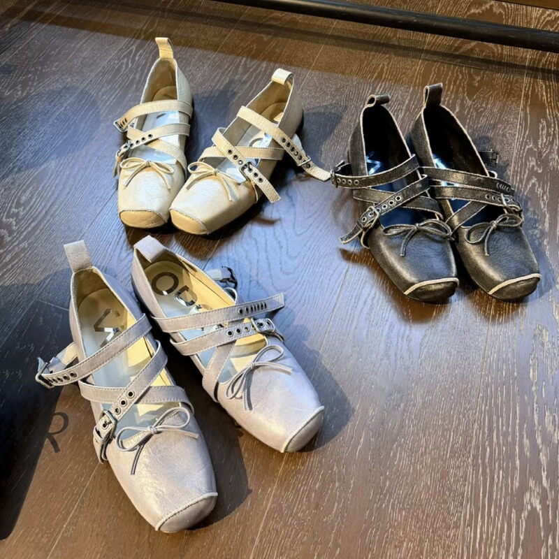 K-Style Openyy New Pig Nose Mary Jane Shoes Retro Square Toe Ballet Shoes French Shallow Thick Heel Women's Shoes