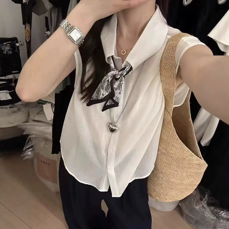 Summer Cotton and Linen Polo Collar Buttoned Silk Scarf Sleeveless Shirt Vest for Women, Thin and Loose-Fitting, Versatile and Slimming Top Shirt for Women