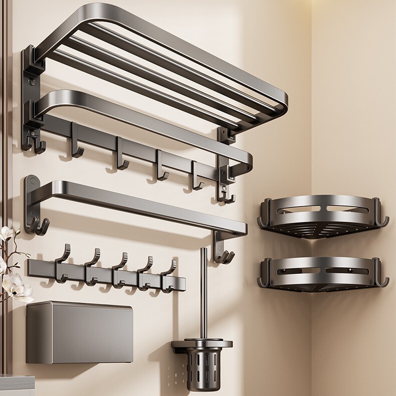 Factory Supplies Bath Towel Rack Set Bathroom Punch-Free Storage Rack Bathroom Toilet Space Aluminum Wall-Mounted Towel Rack
