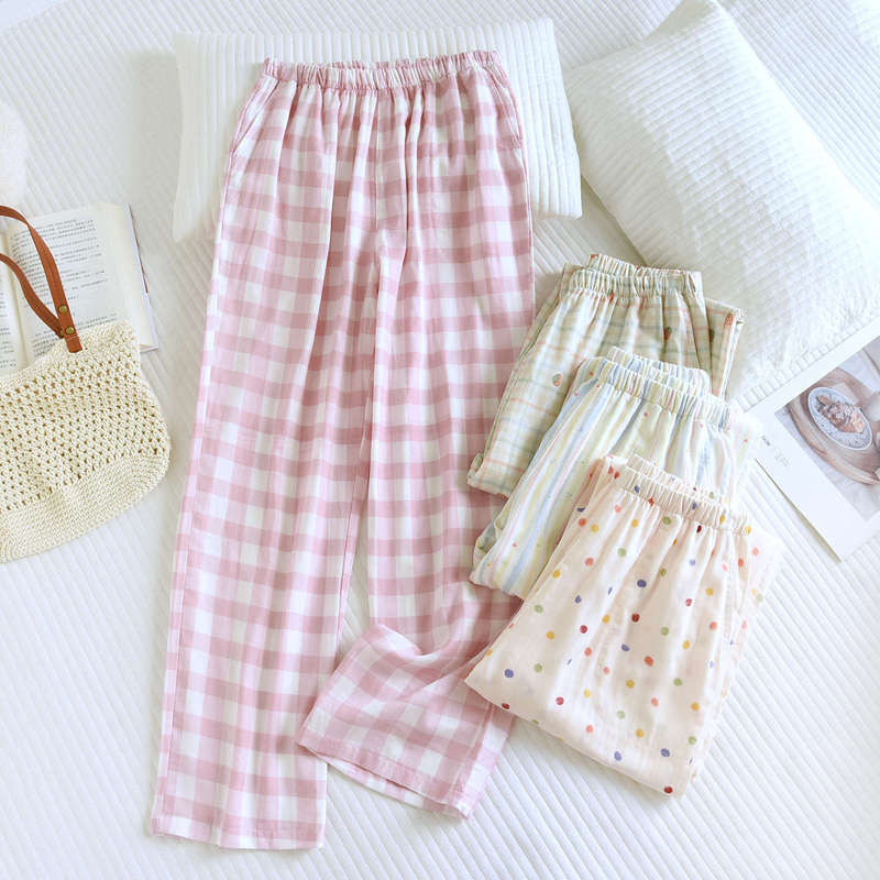 Women's New Pure Cotton Gauze Long Pants with Pockets, Simple Line Classic Plaid Cotton Home Pants