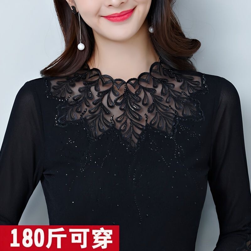 Plus-size high-end women's new autumn and winter long-sleeve lace top with a semi-high collar, suitable for layering or wearing as an outer garment, stylish blouse