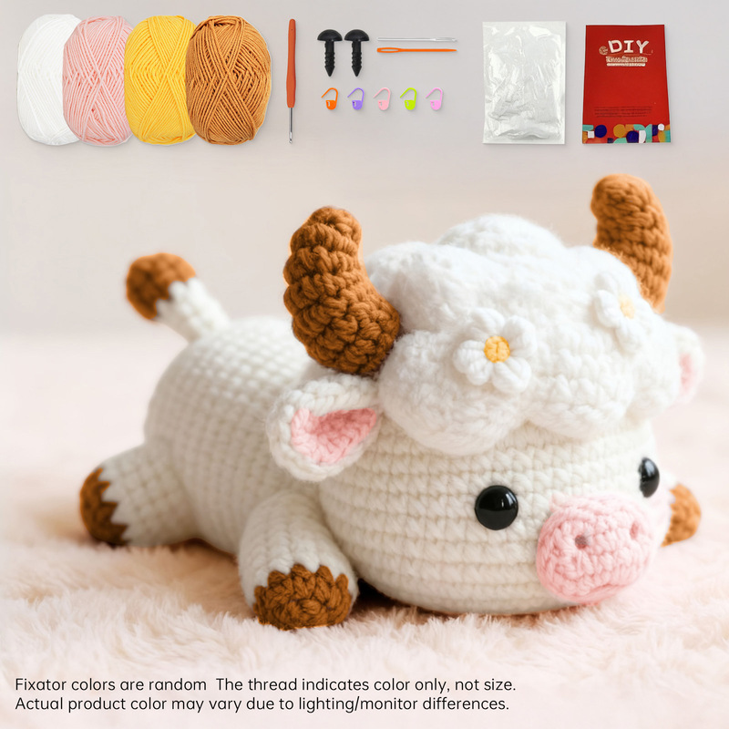 1 Piece of Lying-Down Cloud Cow Handmade Crochet DIY Kit Includes a Full Set of Yarn, Crochet Tools, Accessories, and Video Tutorial