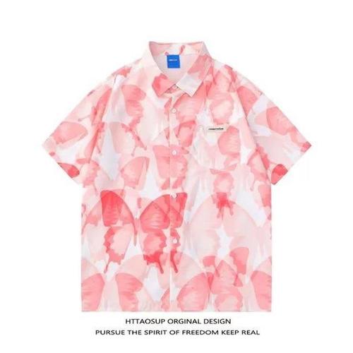Men's Summer Vintage Hong Kong Style Floral Print V-Neck Shirt Loose Thin Top