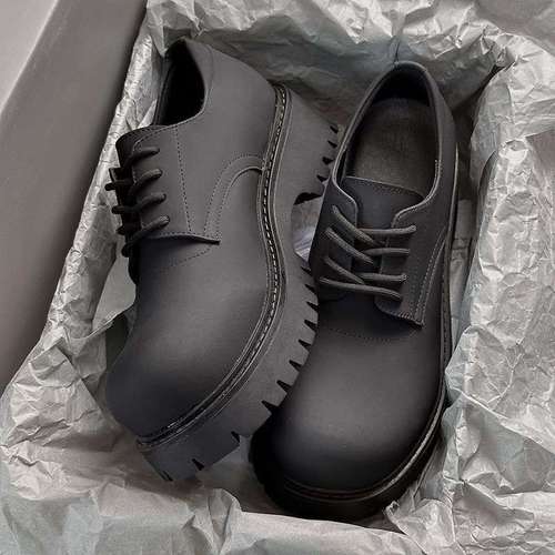 Black Large Head Derby Shoes for Men, Round Toe, 2025 Spring, Thick Sole, Height Increasing, Martin Style Men's Versatile Casual Leather Shoes