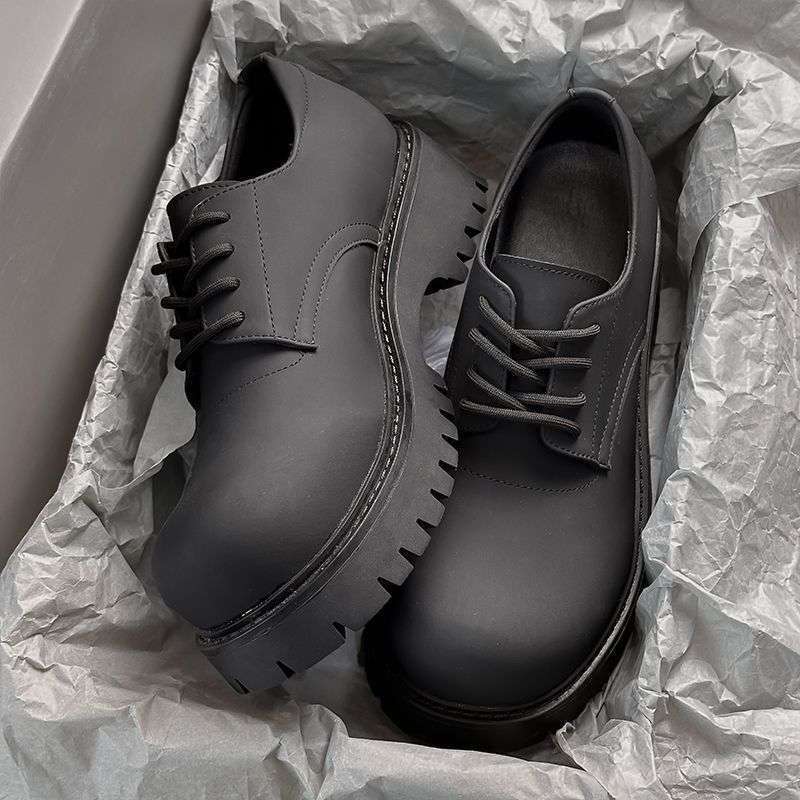 Black Large-Toe Derby Shoes for Men, Round-Toe 2025 Spring Thick-Soled Height-Increasing Martin Men's Versatile Casual Leather Shoes