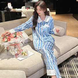 秋冬季新款休闲洋气舒适透气可爱甜美插色翻领金丝绒家居服可外穿