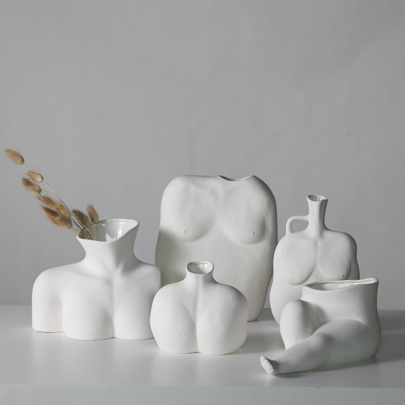 Nórdico liso de cerámica florero blanco decoración cuerpo Arte Abstracto decoración del hogar Decoración suave arreglo floral