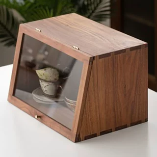 胡桃实木日式餐具收纳盒木质防尘透明化妆品厨房器皿置物架柜定制