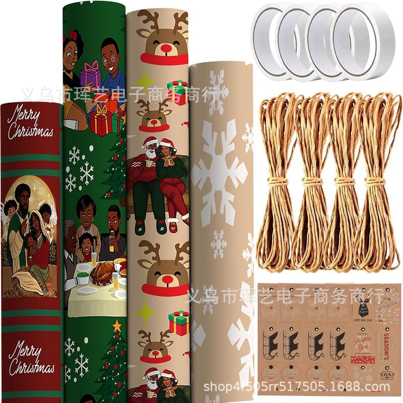 跨境爆款Santa Claus wrapping paper黑色圣诞老人包装纸可代贴标|undefined