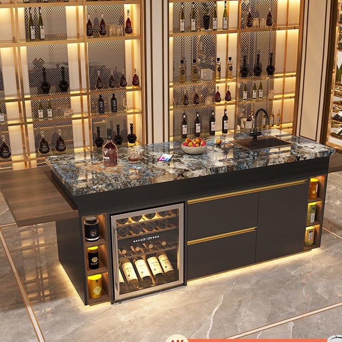 Tablero de piedra de lujo, mesa de comedor en la isla, cocina abierta integrada, plataforma de guía para el hogar, caída, lujo ligero, sentido de alta gama, barra de cocina occidental