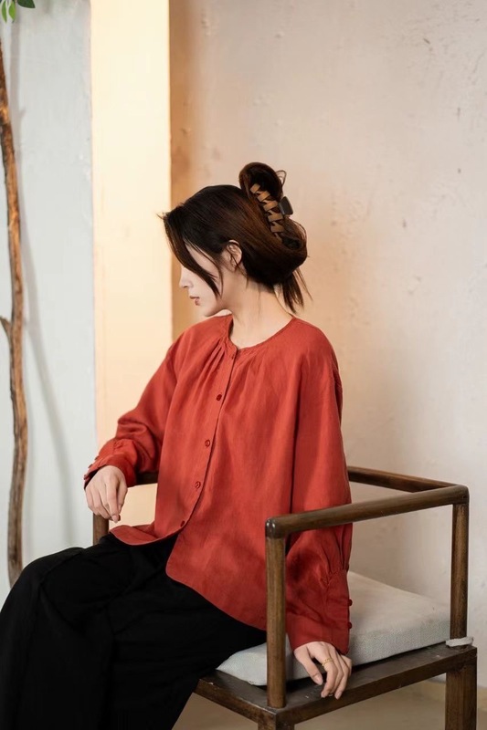 2025秋季新款女圆领日系天丝亚麻上衣宽松衬衣百搭单排扣简约小衫|undefined