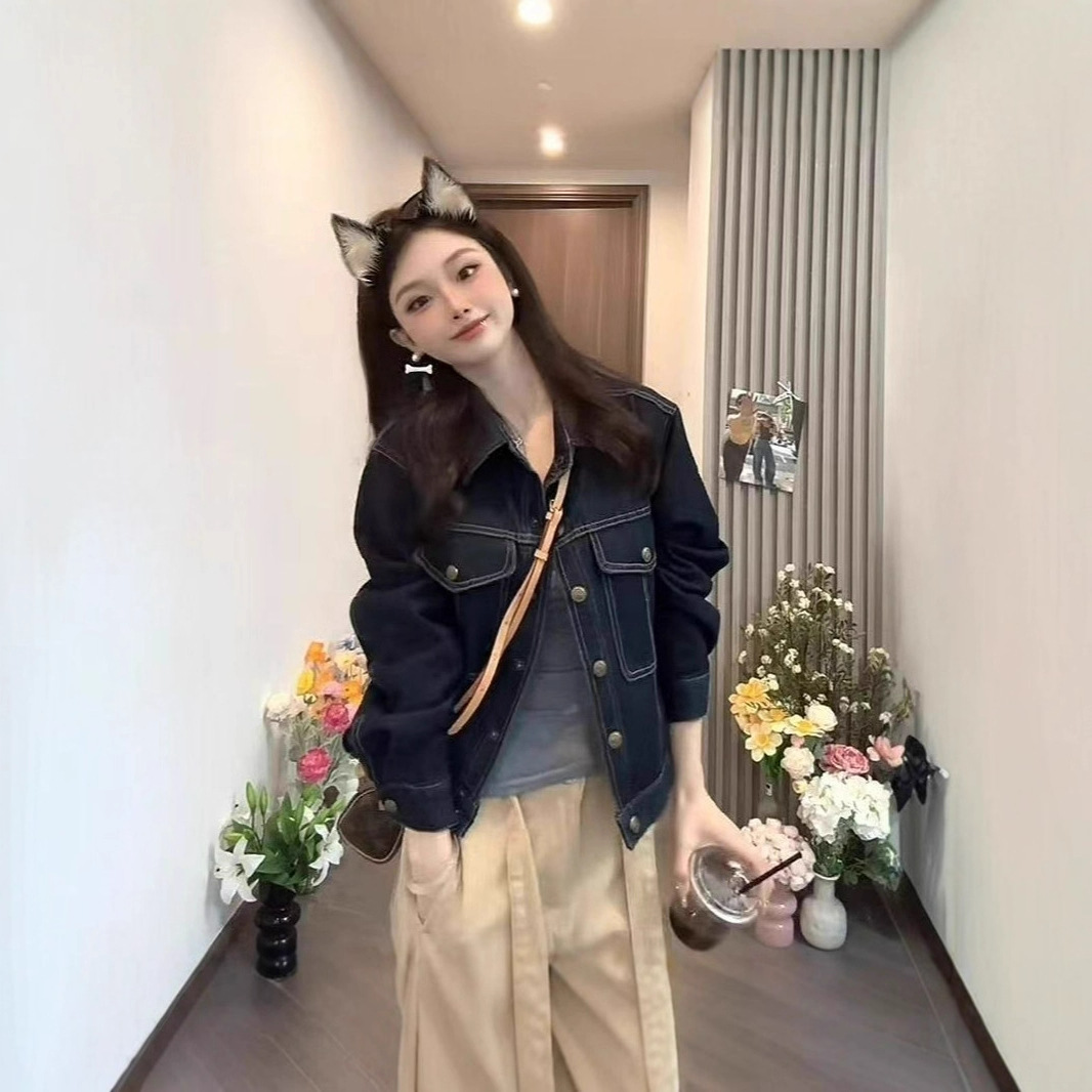 Trendy Denim Jacket for Women 2025 Spring New Korean Retro Versatile Short Denim Color Long-Sleeve Top Jacket