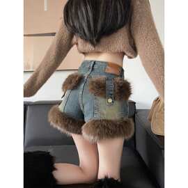 美式复古辣妹美拉德牛仔短裤新款女秋冬新款高腰设计感字休闲裤