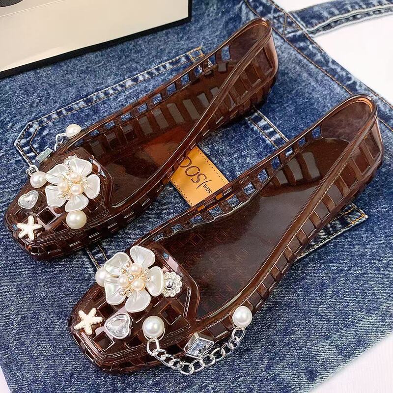 Cross-Border New Summer Square-Toe Slippers for Women, Pearl Flower, Gold-Edged Starfish Accessories, Crystal Clogs, Sandals, Jelly Shoes