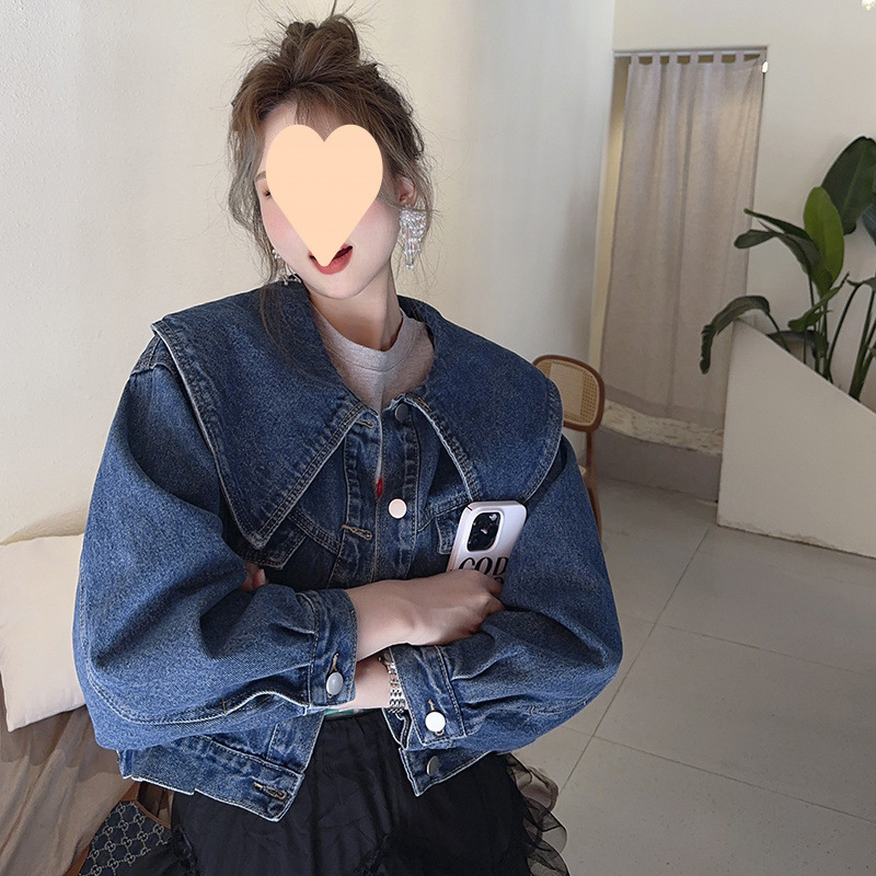 新款韩系娃娃领小香风网版牛仔布/棉外套女设计感小众短款潮|undefined