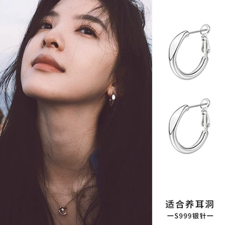 S999纯银素圈耳环女简约休闲风圆圈耳扣小众高级感百搭耳饰送女友