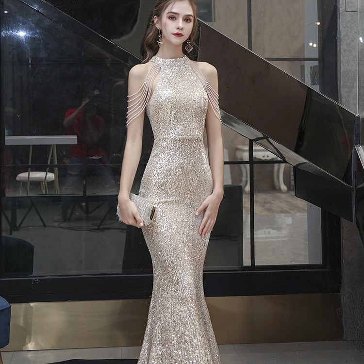 Evening Dress for Women 2026 Halter Neck Banquet Elegant Fishtail Light Luxury Niche Host Engagement Party Dress