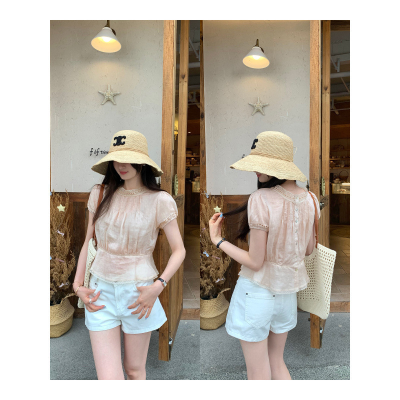 French Lace Spliced Puff Sleeve Chiffon Shirt for Women 2026 Summer New Style Lyocell Tencel Ramie Short Top