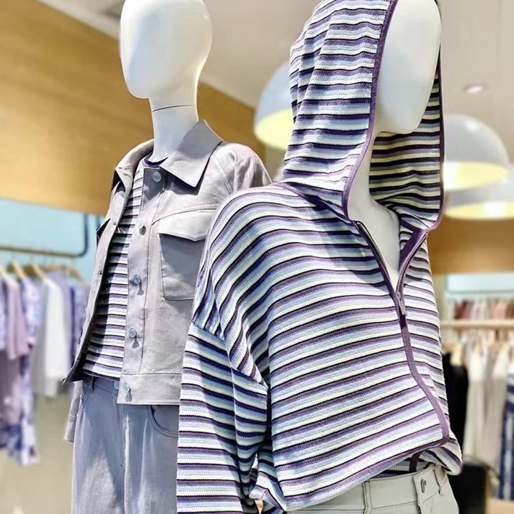 IC Xiaohe Women's 2022 Spring New Ultra-thin Thin y Machine Cotton Retro Hooded Striped Knitted Cardigan IC Xiaohe Women's 2022 Spring New Ultra-thin Thin y Machine Cotton Retro Hooded Striped Knitted Cardigan