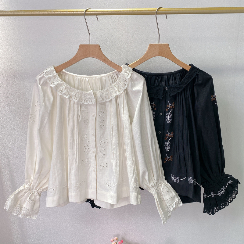 Fairy Palace Style Danish Niche~ Lace Doll Collar Embroidered Hollow-Out Shirt with Bell Sleeves Cotton and Linen Top for Women