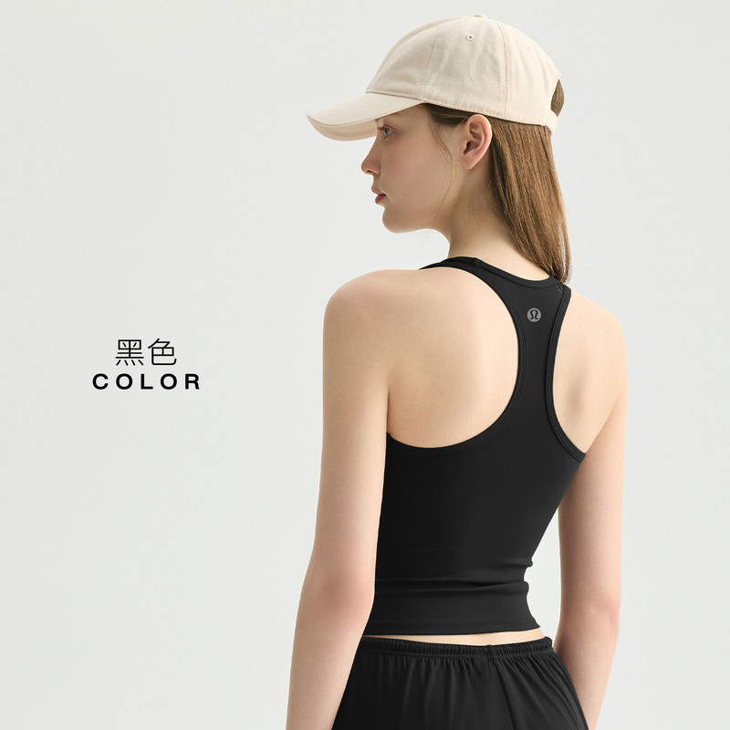 Lulu round-neck sleeveless yoga vest, slim-fit, flattering, Pilates fitness top, suitable for outdoor wear, with fixed chest pads