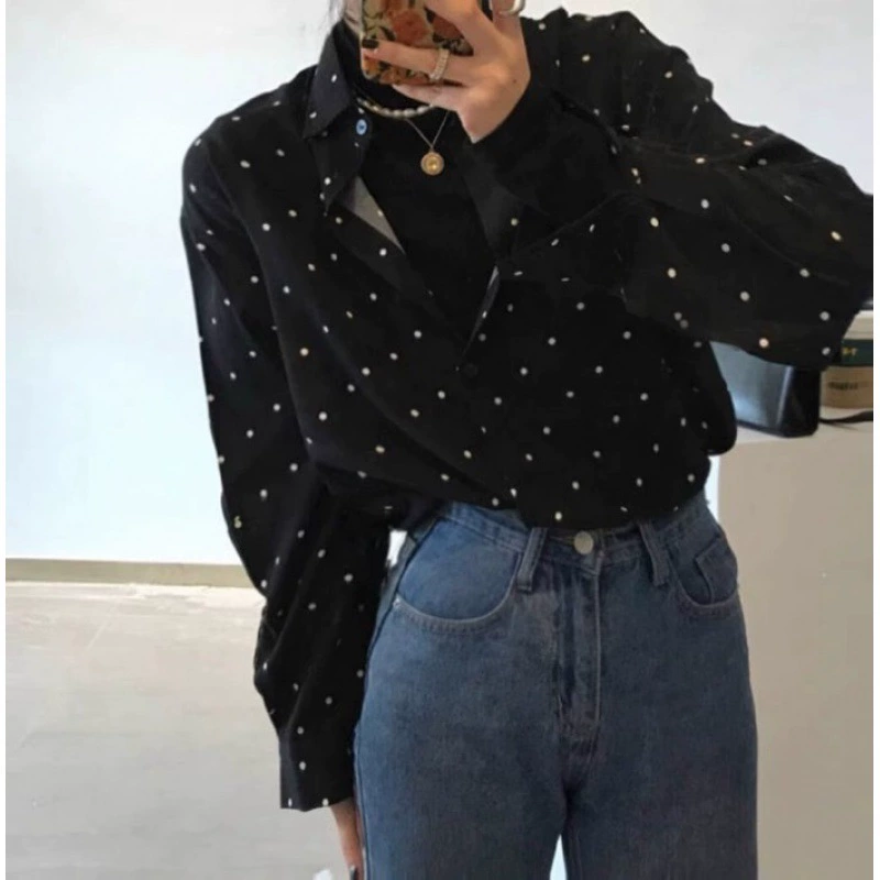 เสื้อเชิ้ตรัดทอนแขนยาว oversize สำหรับผู้หญิง สไตล์เกาหลีย้อนยุคลายจุดลำลอง