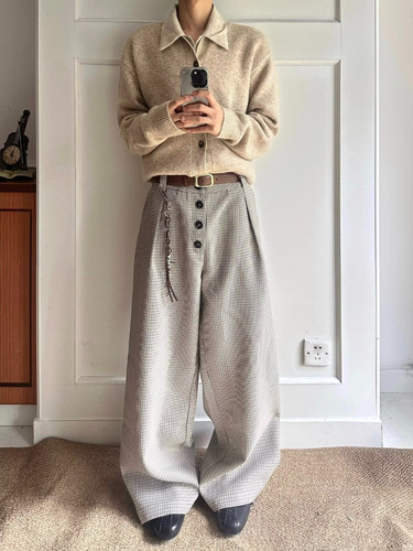 Old Money Flannel-Buttoned A-Line Pants for Men and Women, American Retro High Street Relaxed Fashion Loose Wide-leg Pants