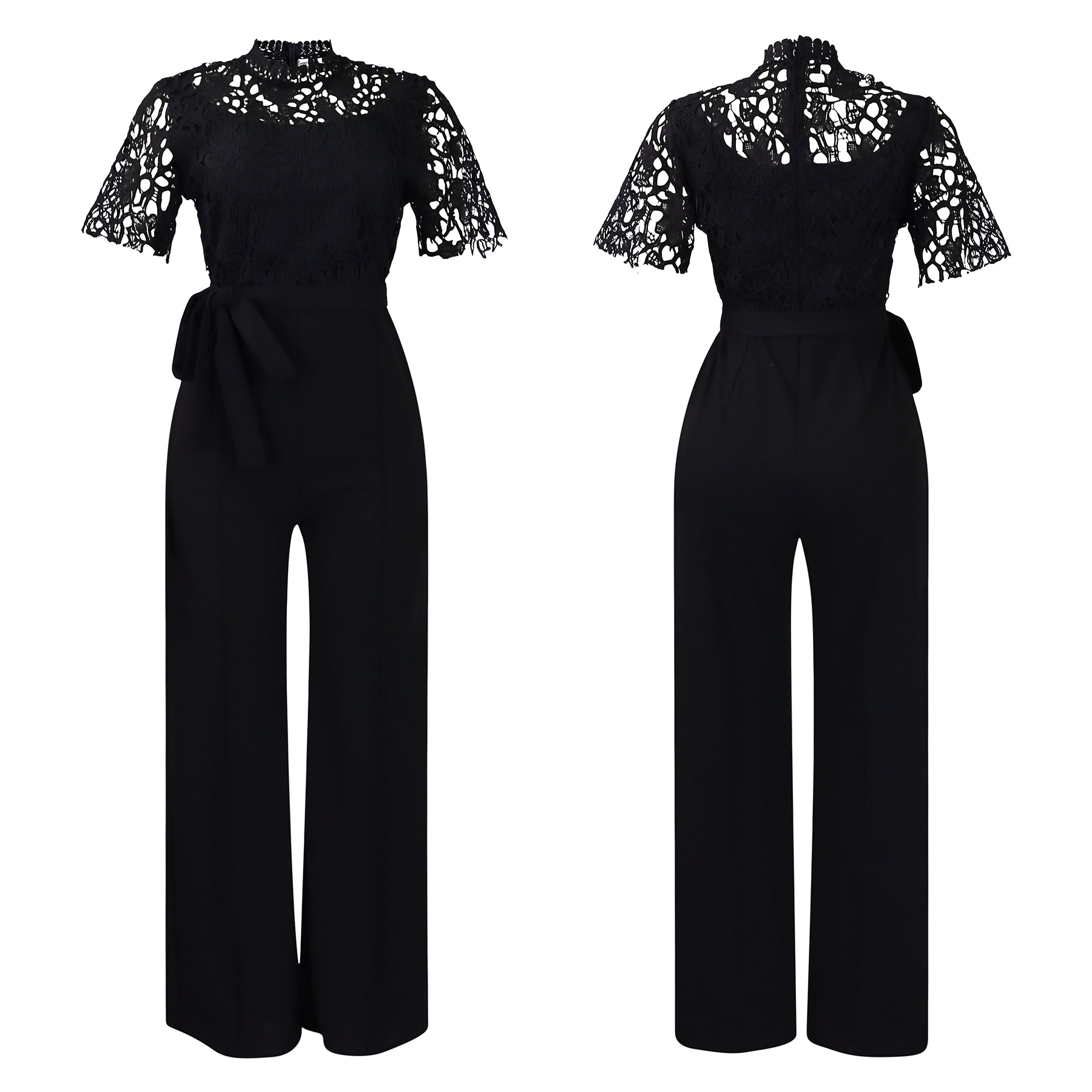 546g Weight Short Sleeve Sleeve Length Polyester Fabric Type High Waist Waist Line Jumpsuits Pants Type Daily Occasion Loose Fit Type Solid Color Pattern Summer Season Women's Gender Lace Design Casual Style Women's Daily Casual Solid Color Lace Jumpsuits 42