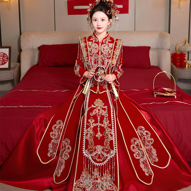 Velvet Qipao 2024 New Chinese Wedding Dress Bridal Wedding Dress Toasting Dress Bridal Suit Slimming 