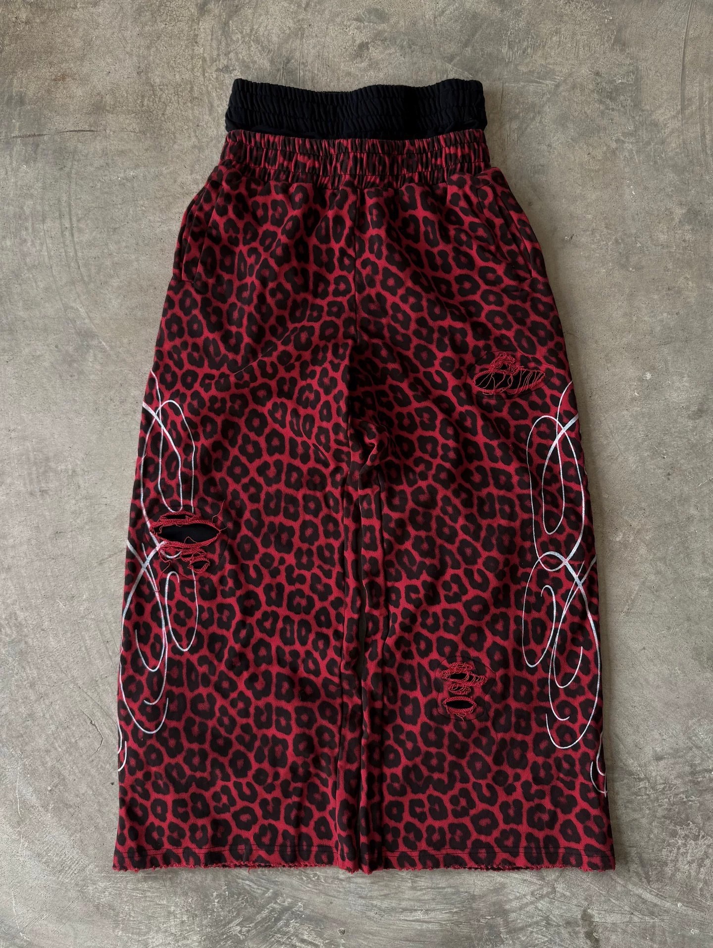 Unbranded Double Waistband Distressed Leopard Print Relaxed Pants Red