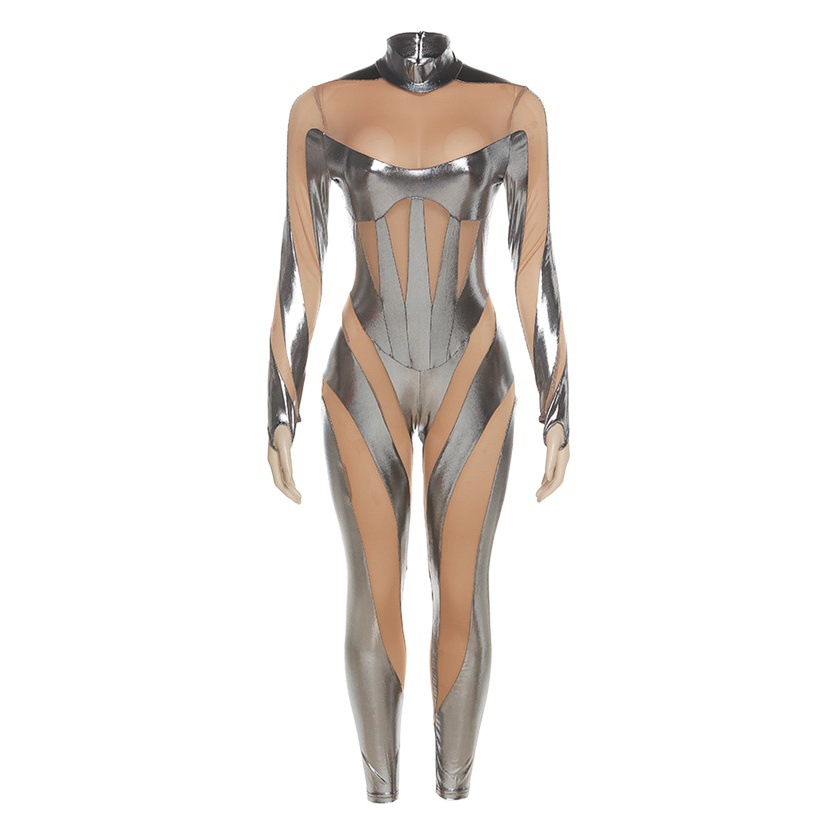 Estilo europeo y americano 2024 nueva moda para mujer street hipster sexy malla transparente costura cintura alta delgado mono