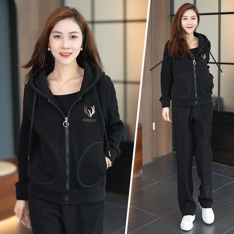 加绒加厚新款冬季休闲洋气宽松连帽卫衣运动服套装妈妈两件套冬天|undefined