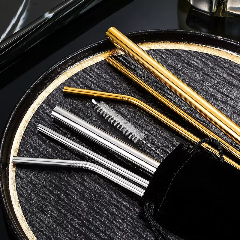 跨境亚马逊304不锈钢吸管饮料波霸奶茶咖啡彩色金属吸管套装