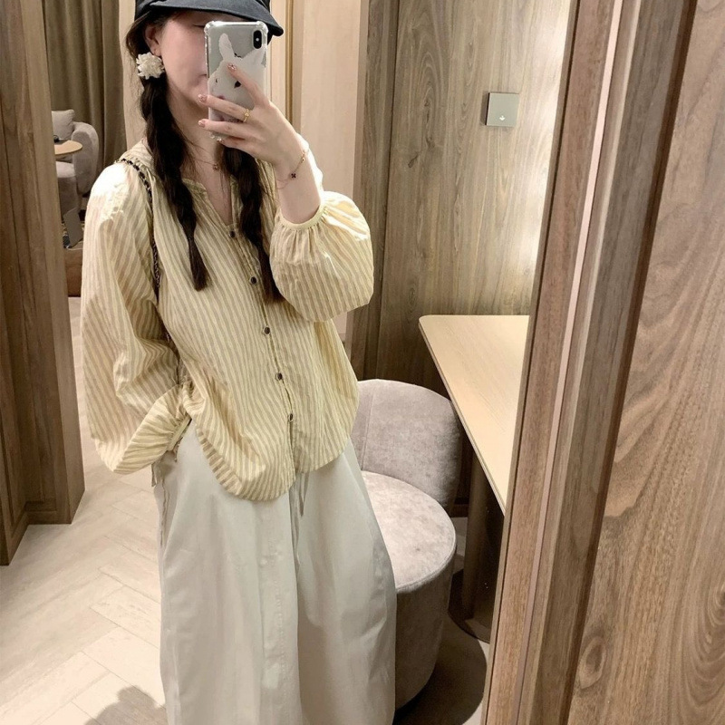 早秋日系双条纹港风衬衣长袖衬衫宽松复古上衣女洋气减龄百搭显瘦|undefined