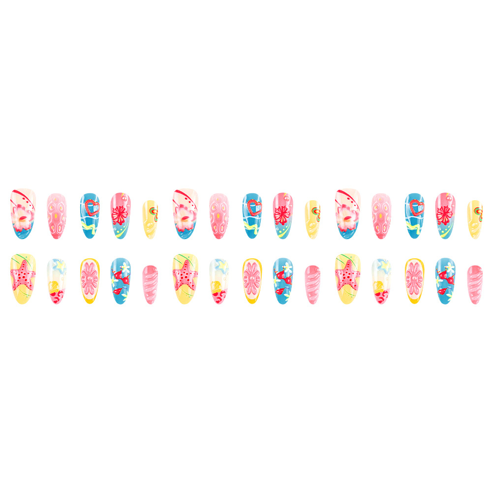Pegatinas de uñas con diseño de dopamina europeas y americanas, puntas de uñas coloridas en forma de corazón estilo macaron, 30 piezas de uñas postizas cortas y desmontables.